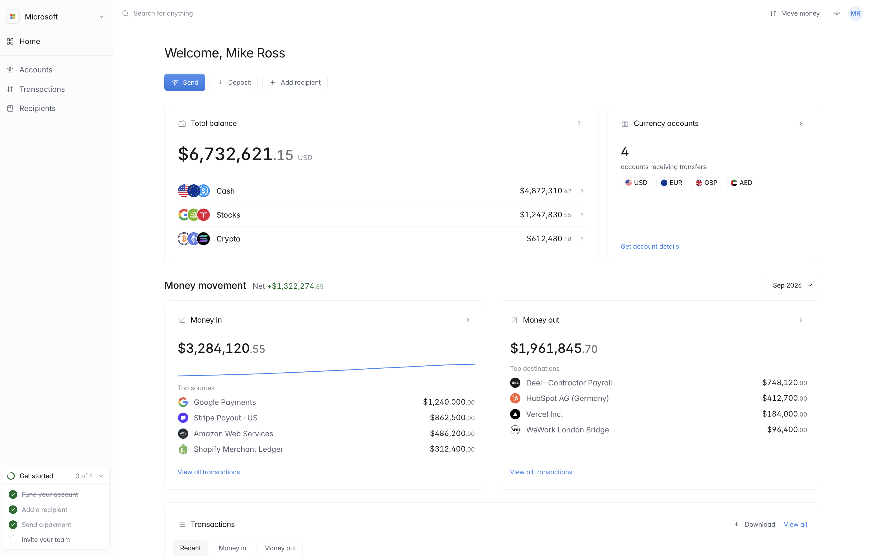 Plaitr dashboard: total balance, currency accounts and money movement